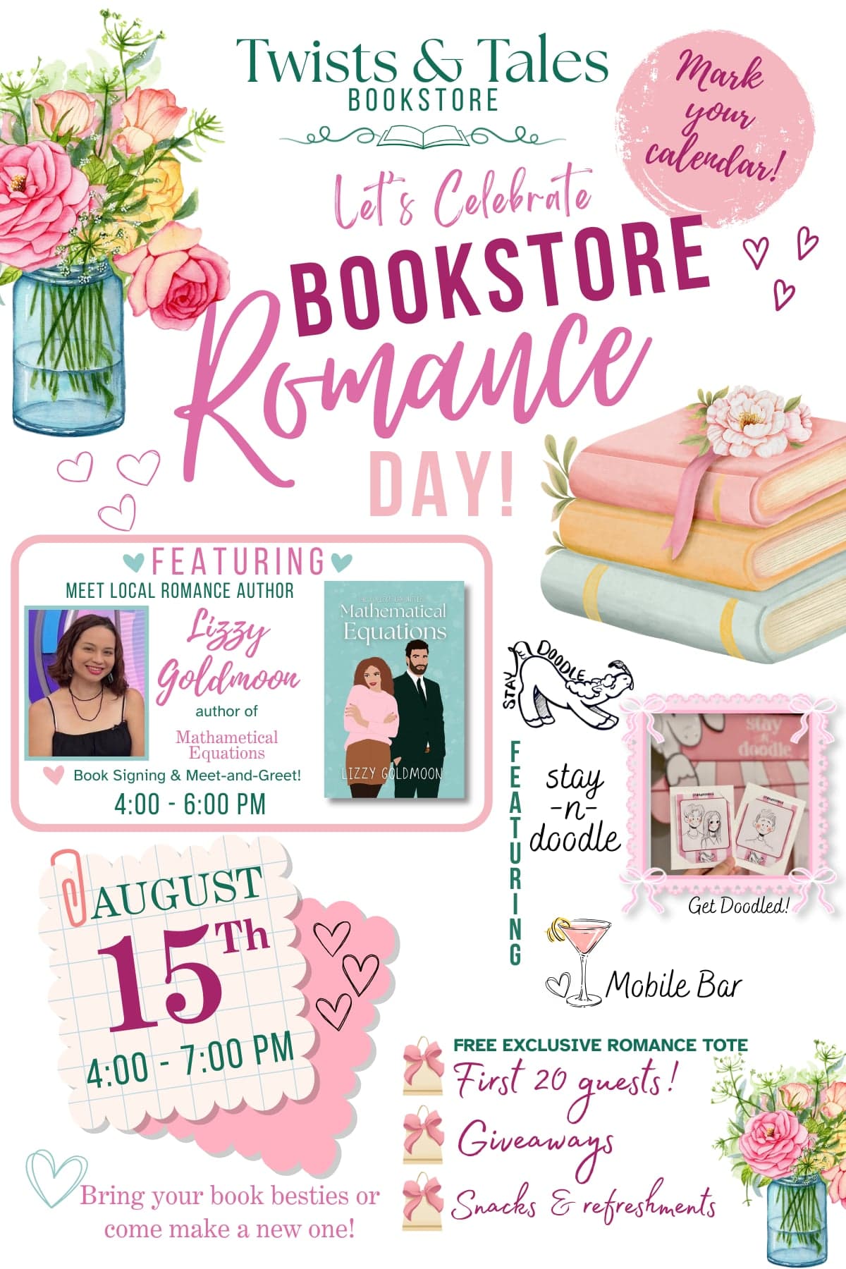 Bookstore Romance Day flyer with event details, flowers, books, and featured author Lizzy Goldmoon