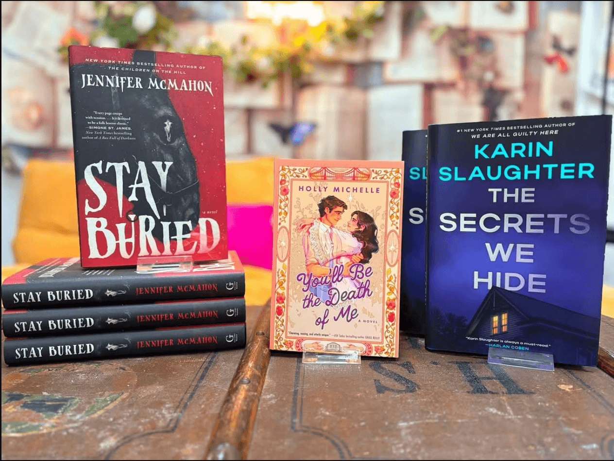 New arrivals displayed at Twists & Tales: Stay Buried, You'll Be the Death of Me, and The Secrets We Hide.