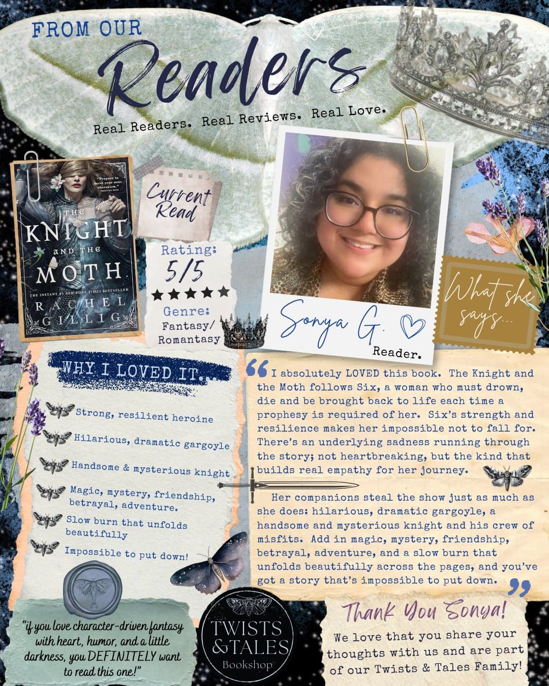 Reader Review from Sonya G. for The Knight and the Moth by Rachel Gillig, rated five out of five stars.