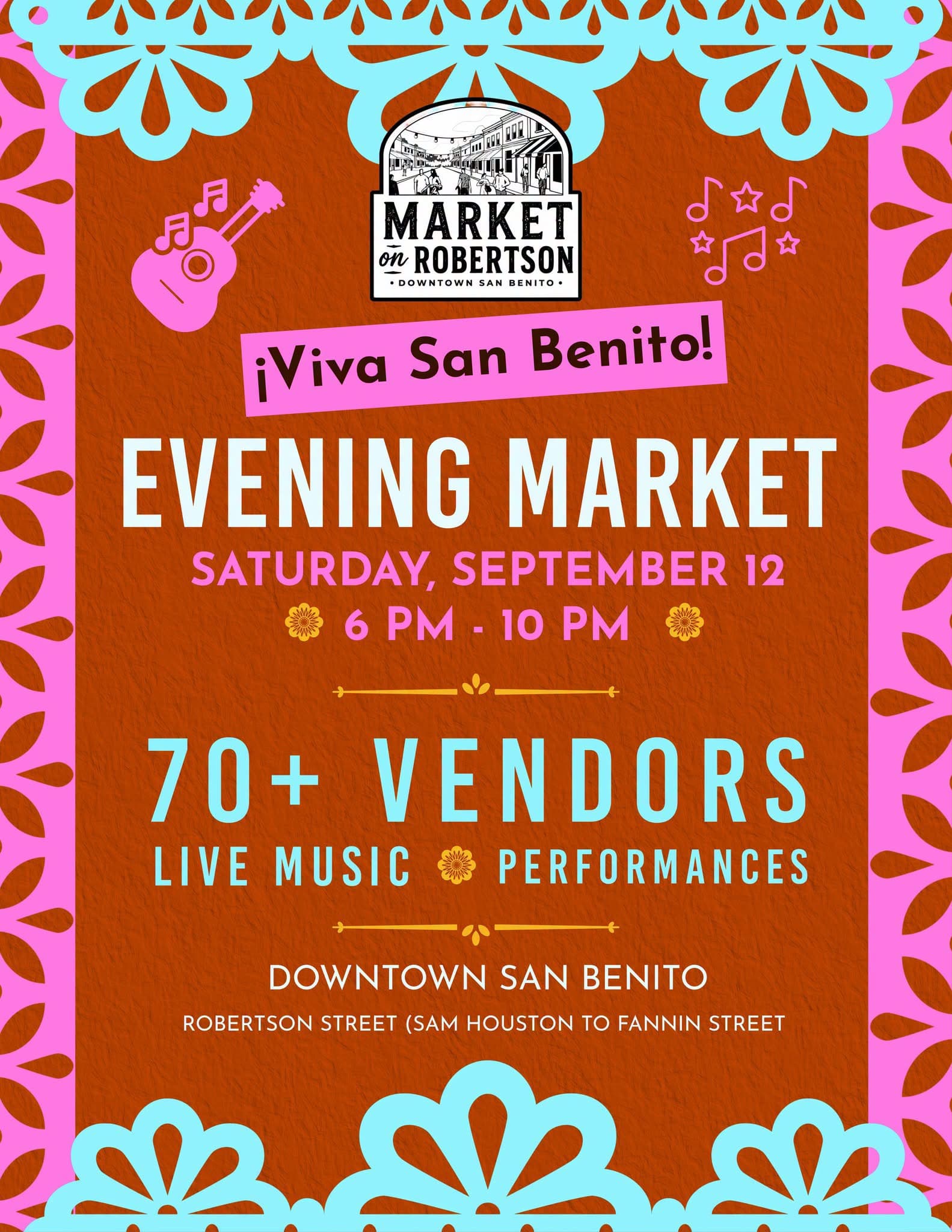 Market on Robertson Evening Market flyer for Saturday, September 12 from 6 PM to 10 PM in downtown San Benito on Robertson Street.